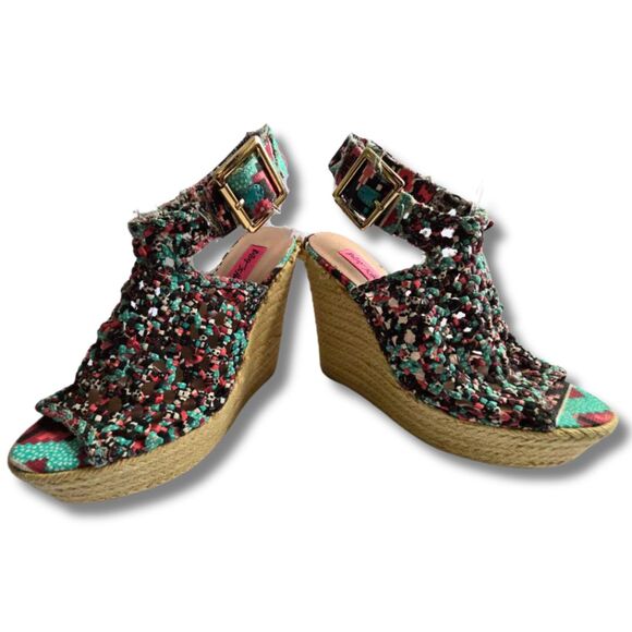 Betsey Johnson Beckey Aztec 6 Multicolor Peep Toe Espadrille Woven Wedge Sandal - Picture 3 of 9